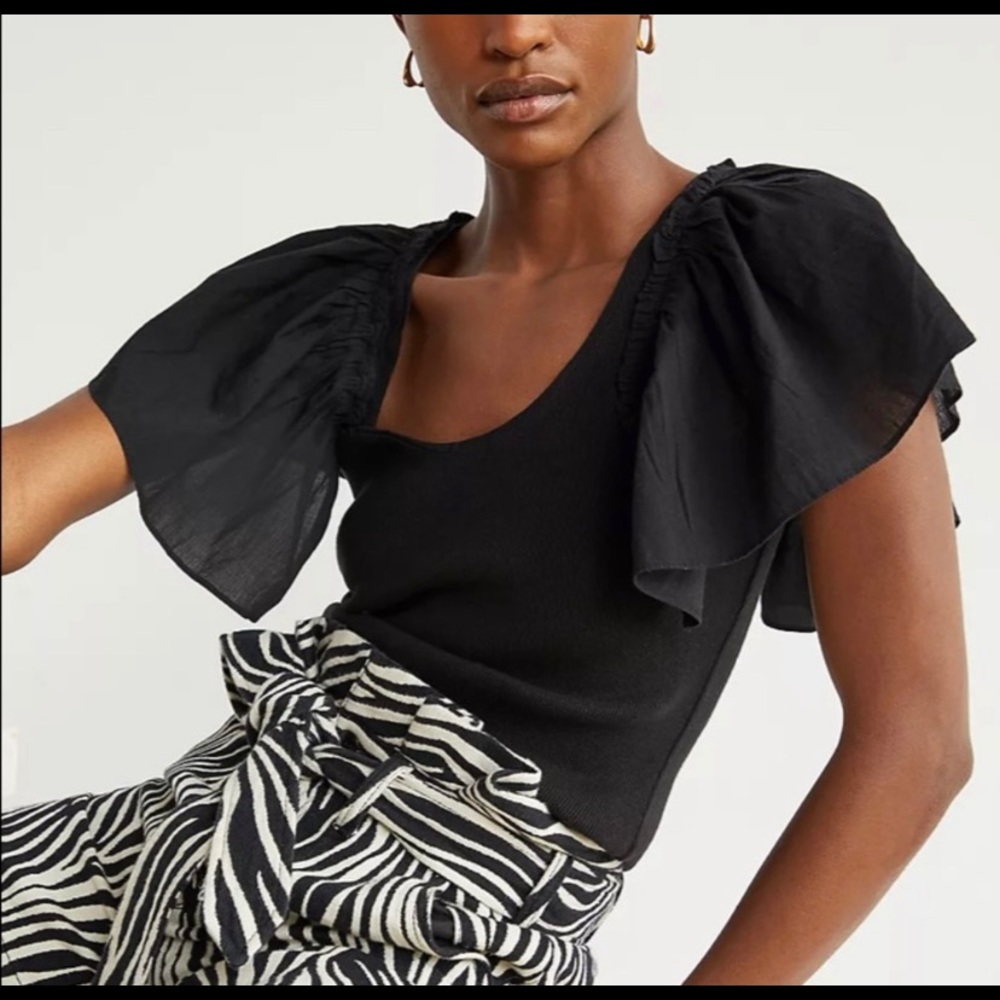 ANTHROPOLOGIE MAEVE FLUTTER SLEEVE TOP BLACK MEXIUM - Picture 10 of 12